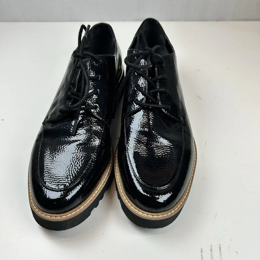 Franco Sarto Charles Shoe 7.5 M Lug Sole Derby Oxford Black Faux Patent Comfort